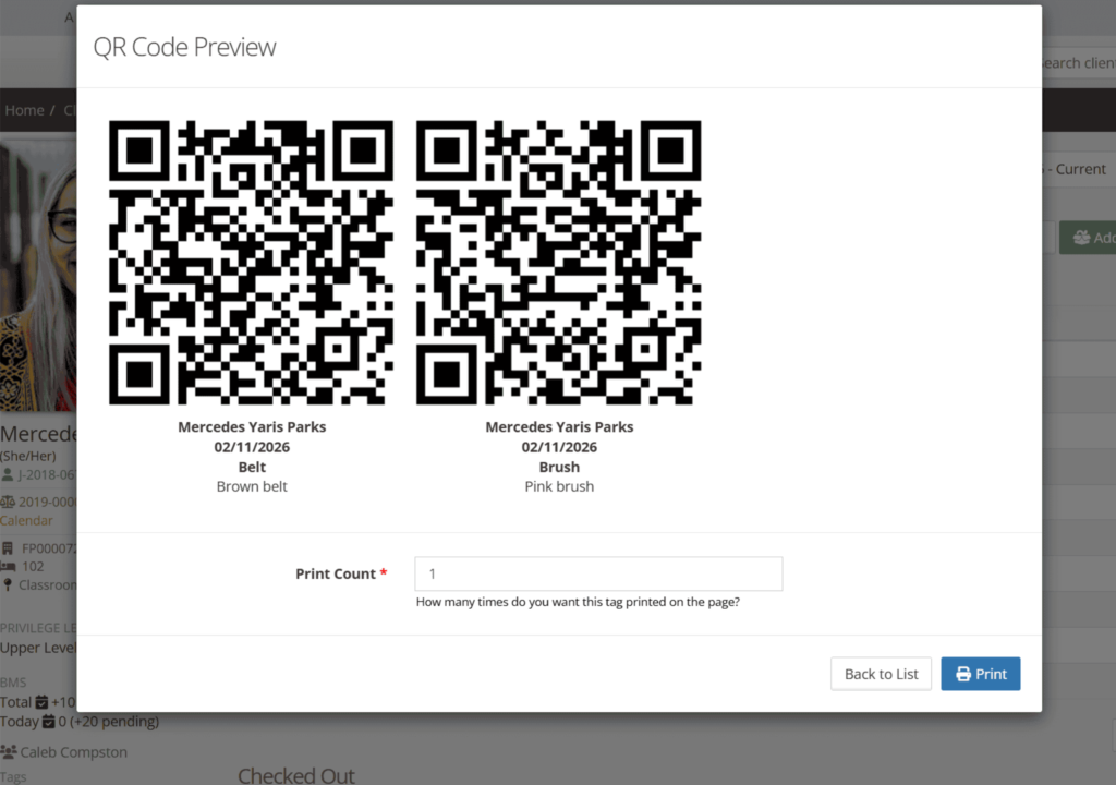 QR Code Preview window showing two QR code labels for a belt and a brush, with a Print Count field and Back to List and Print buttons