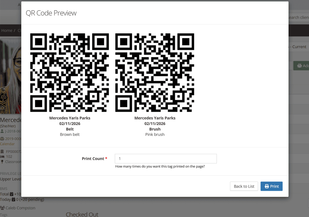 QR Code Preview window showing two QR code labels for a belt and a brush, with a Print Count field and Back to List and Print buttons