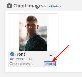Client Images section showing a sample client's Front Client Image thumbnail with a Primary tag, and a red arrow graphic pointing to the Primary tag