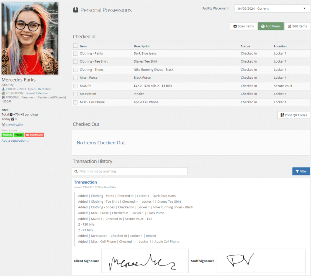 Personal Possessions page for a client with checked-in items, an empty Checked Out section, and a Transaction History entry showing client and staff signatures