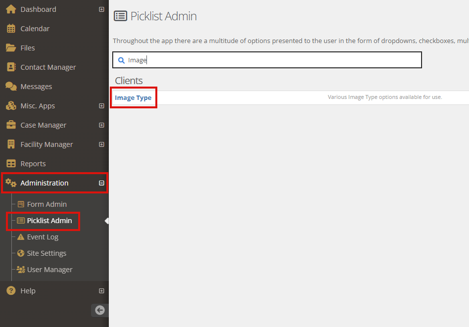 Navigation menu with red box graphics highlighting Administration, Picklist Admin, and the Client Image Type picklist under Clients
