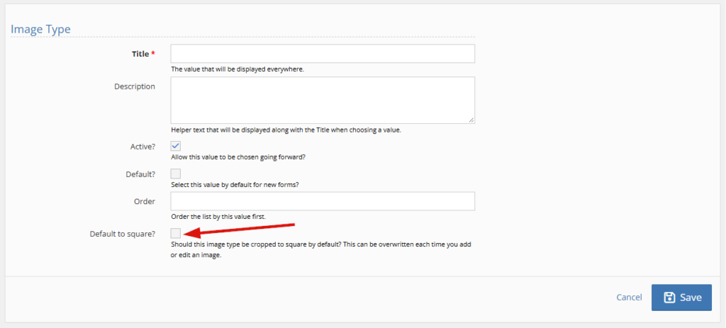 Client Image Type form with fields for Title, Description, Active, Default, Order, and Default to square, with a red arrow graphic pointing to the Default to square checkbox