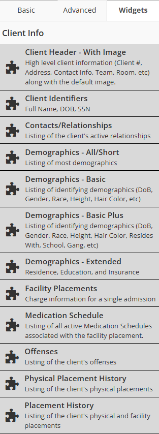 List of Widgets part options, each marked with a puzzle-piece icon: Client Header - With Image, Client Identifiers, Contacts/Relationships, Demographics - All/Short, Demographics - Basic, Demographics - Basic Plus, Demographics - Extended, Facility Placements, Medication Schedule, Offenses, Physical Placement History, and Placement History, each with a short description of what it displays.