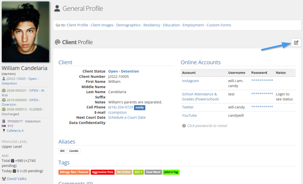 A screenshot of a sample client's General Profile page in YouthCenter, showing tabs for Client Profile, Client Images, Demographics, Residency, Education, Employment, and Custom Forms. The Client Profile tab is open, displaying client details, tags, restrictions, and an Online Accounts table, with a blue arrow pointing to an edit (pencil) icon in the top right of the Client Profile section.