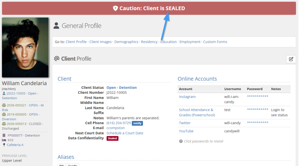 A screenshot of a sample client's profile page with a red "Caution: Client is SEALED" banner across the top, with a blue arrow pointing to it, shown above the client's photo and General Profile tabs.