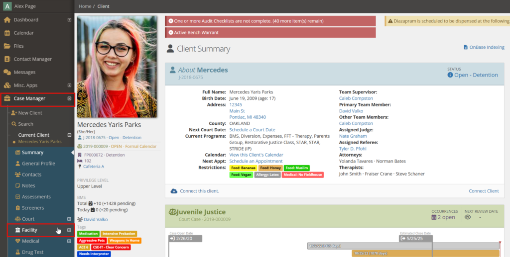 Client Summary page for a client in detention, with the Case Manager and Facility items in the left navigation each inside a red box graphic